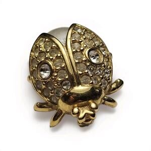 Napier Goldtone Rhinestone Faux Prearl Ladybug Brooch Signed  Inch Insect Bug